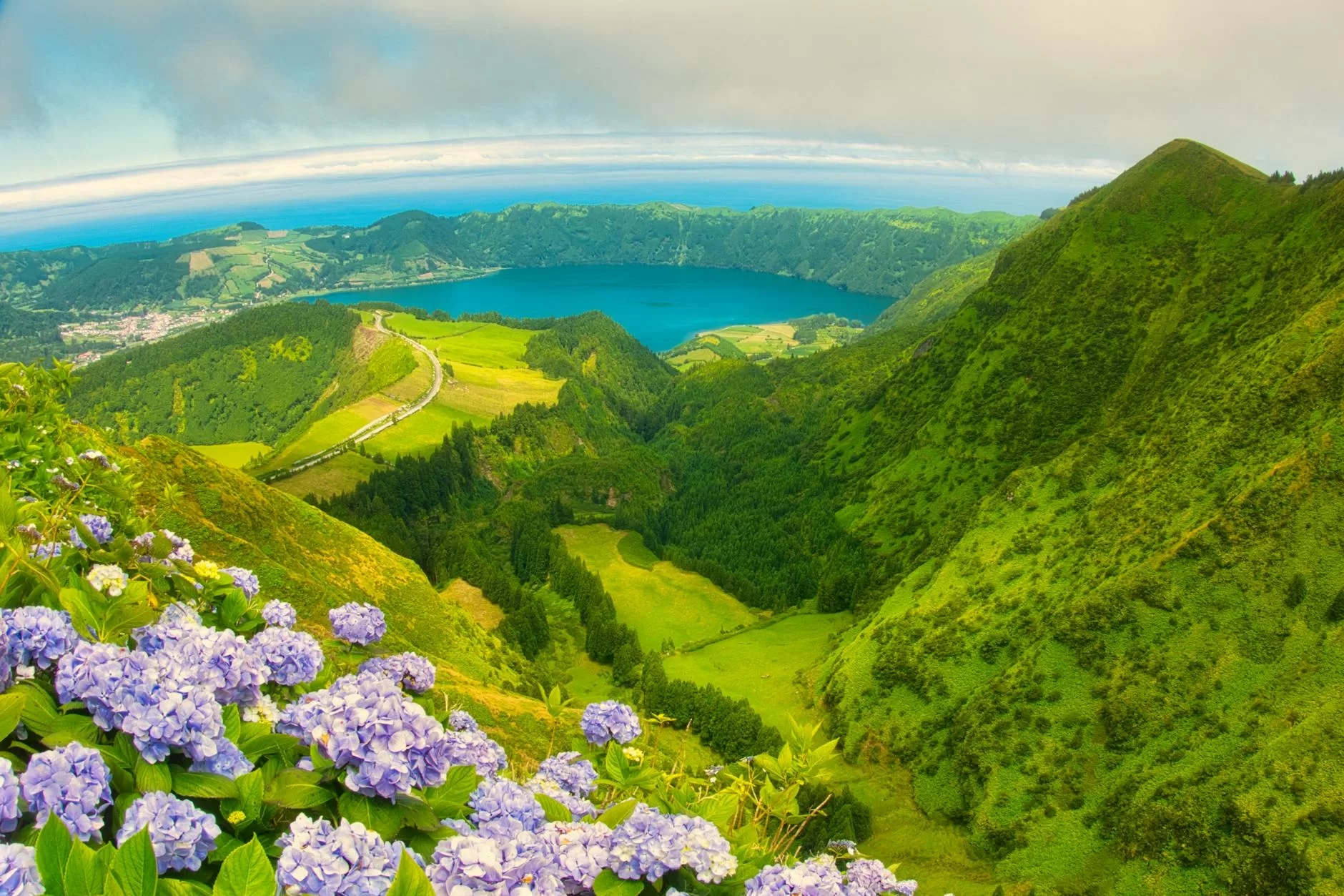 scenic green mountain landscape with blooming hydrangea flowers grota do inferno azores portugal