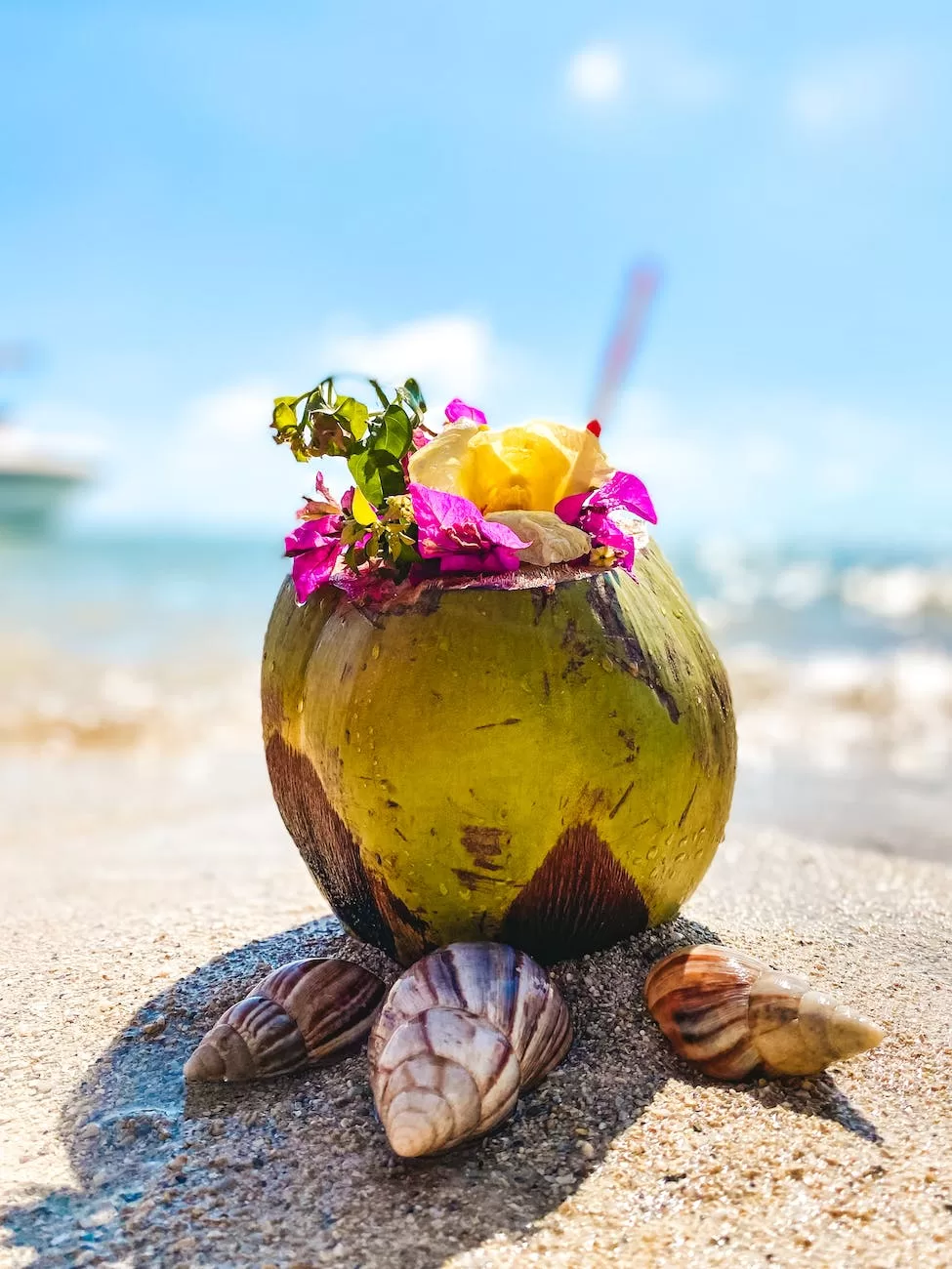 tropical drink in natural coconut on sandy beach with your Mauritius Digital Nomad Visa