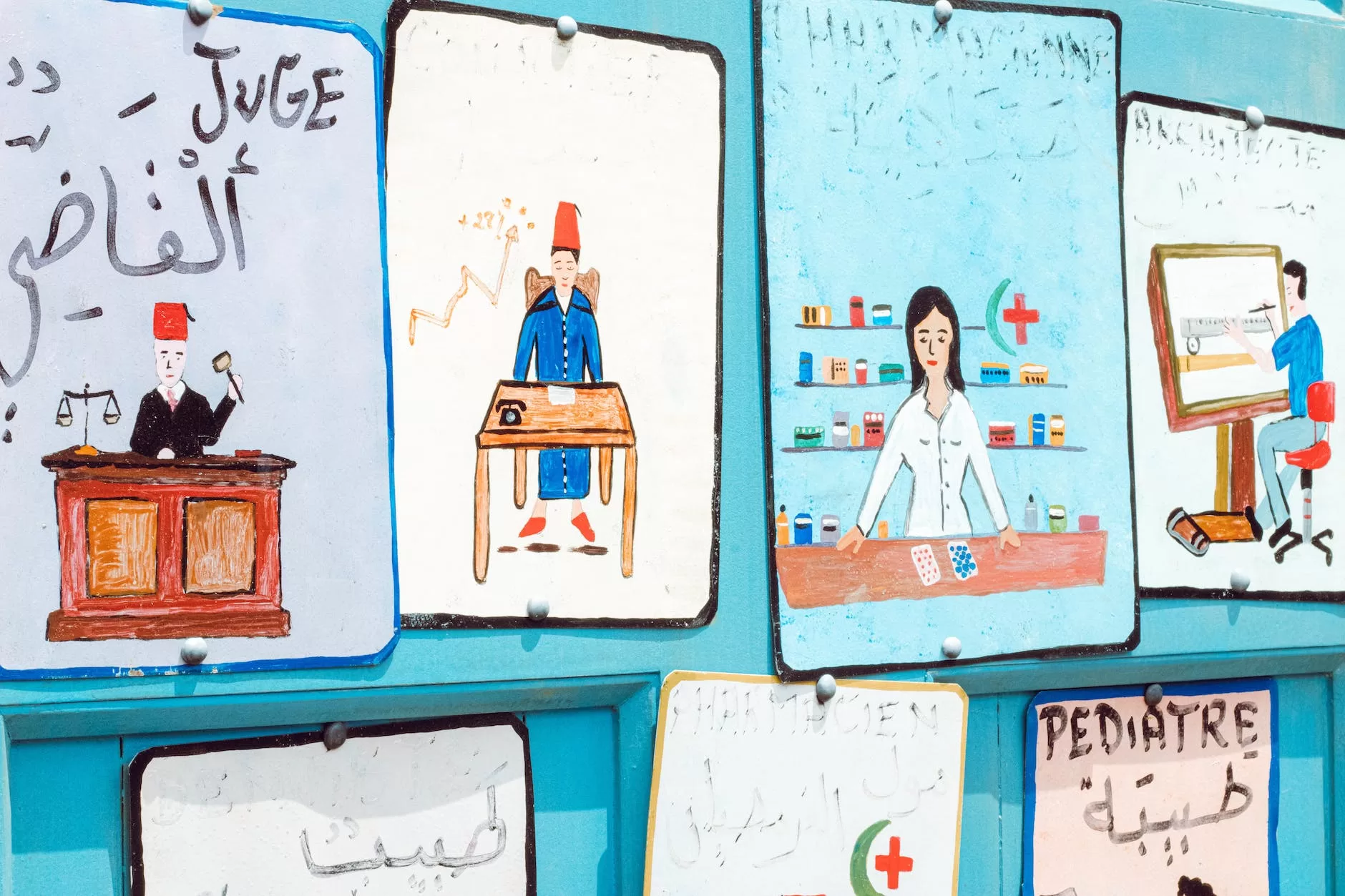 display of children drawings of professions