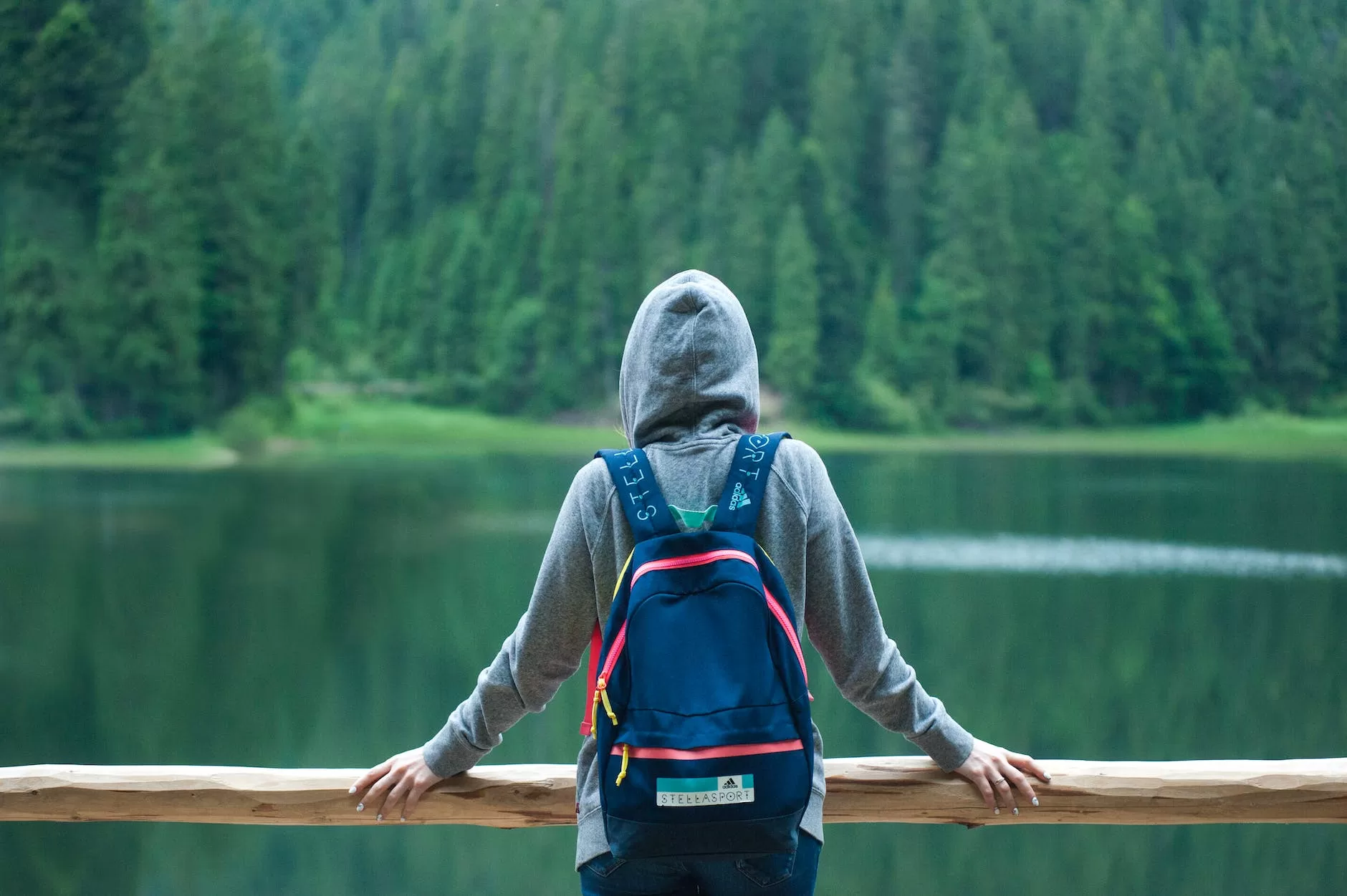 person wearing gray hoodie jacket watching lake