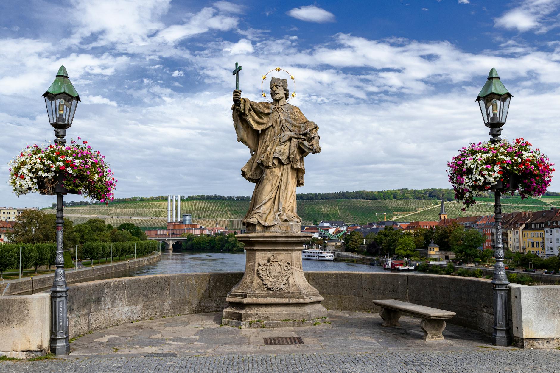 statue of saint john of nepomuk on bride in wurzburg germany