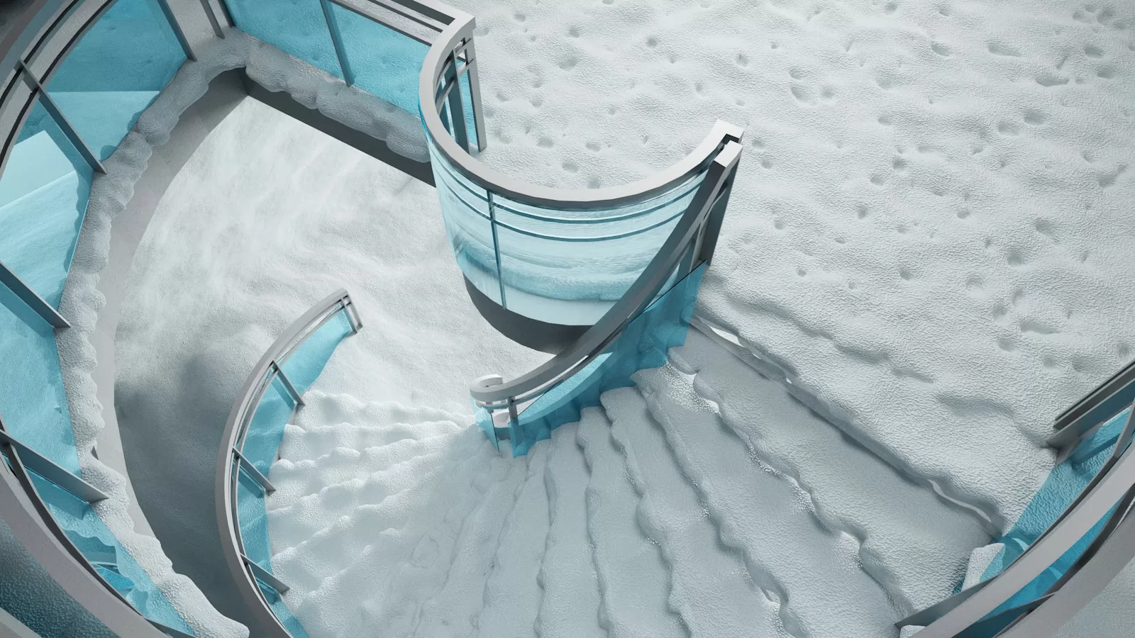 A modern staircase nestled in a snowy landscape.