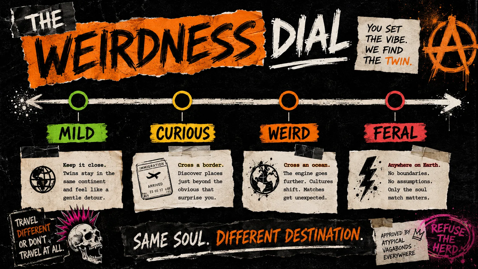 Atypical Voyage Weirdness Dial showing Mild, Curious, Weird, and Feral travel discovery levels